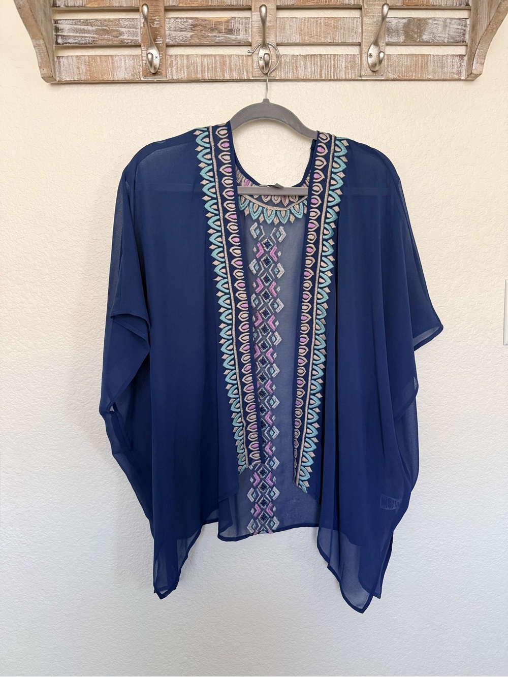 Embroidered Navy Open-Front Tunic Kimono